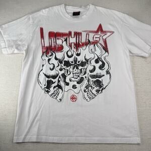 Lost Hills Shirt Triple Skull Men’s Size XL Short Sleeve Double Sided White Tee